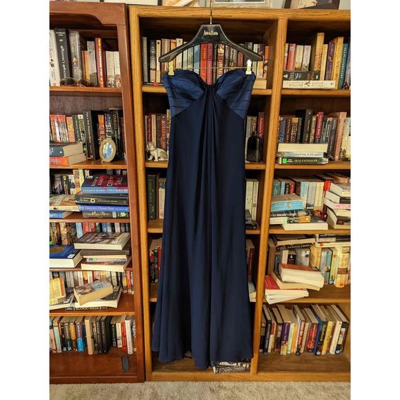 La Femme Dresses & Skirts - la femme blue chiffon and satin strapless gown crisscross jeweled strap back sz